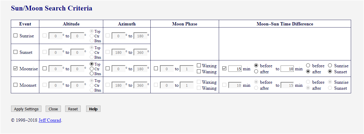 [Image: Sun/Moon Search Criteria form for Moonrise near Sunset]
