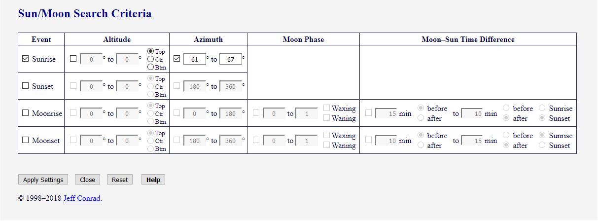 [Image: Sun/Moon Search Criteria form for Sunrise Azimuth]