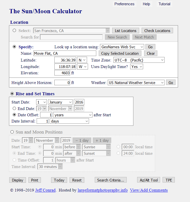[Image: Main Form: Find Dates for Mount Whitney Moonset]