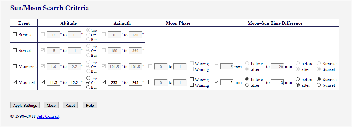 [Image: Sun/Moon Search Criteria for Mount Williamson Moonset]
